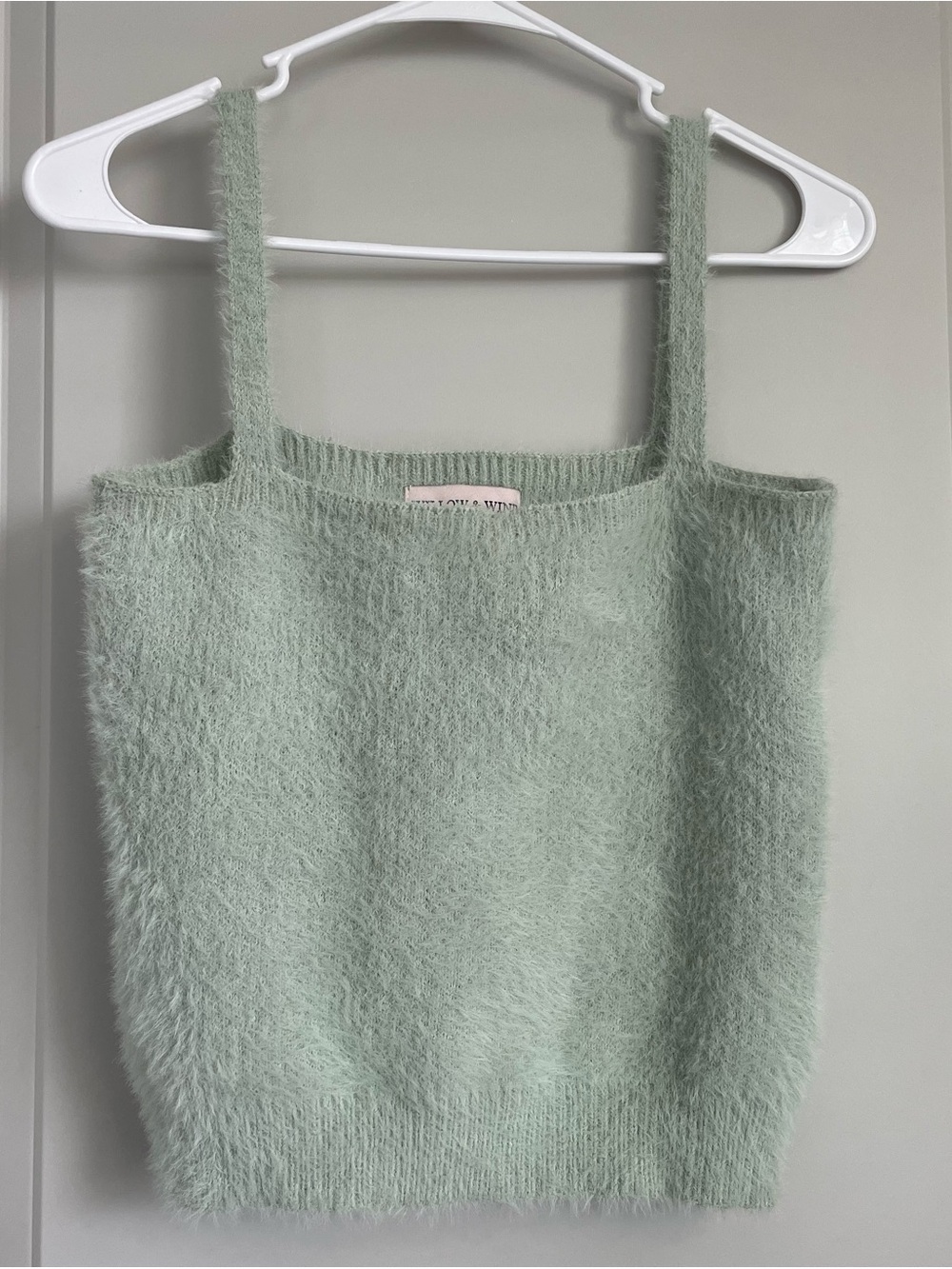 Sage Green Fuzzy Knit Tank Top | Y2K Soft Girl Coquette | Size S